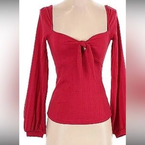 Free People Red Ribbed Tie Front Long Sleeve Sweetheart Neck Top XS